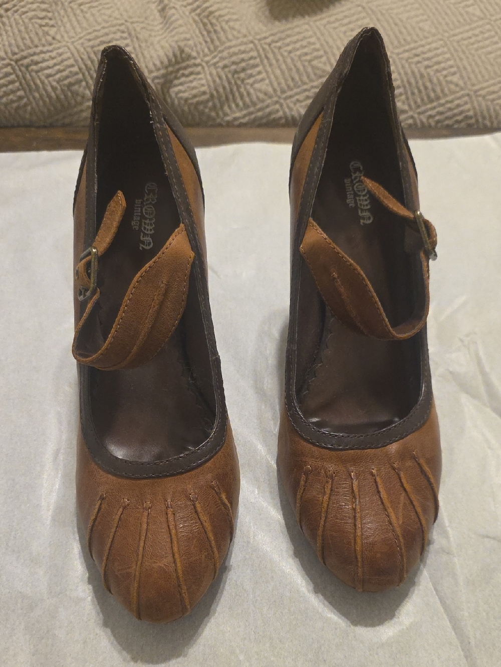 Crown Vintage Brown and Dark Brown Leather Mary Jane Heels